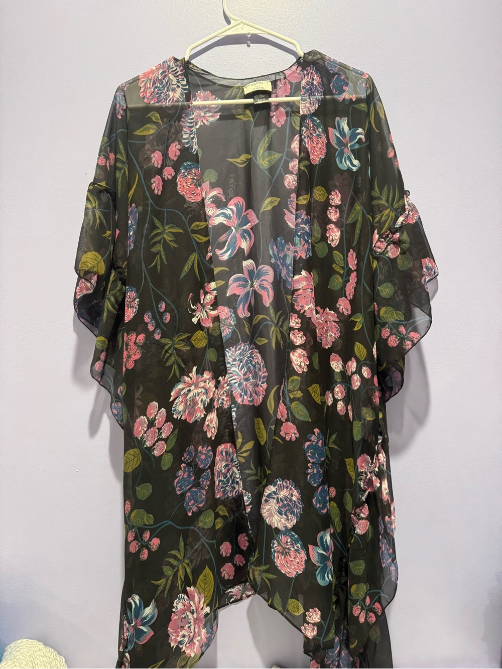 David and Young Black Sheer Floral Kimono Jacket with Pink and Blue Blooms
